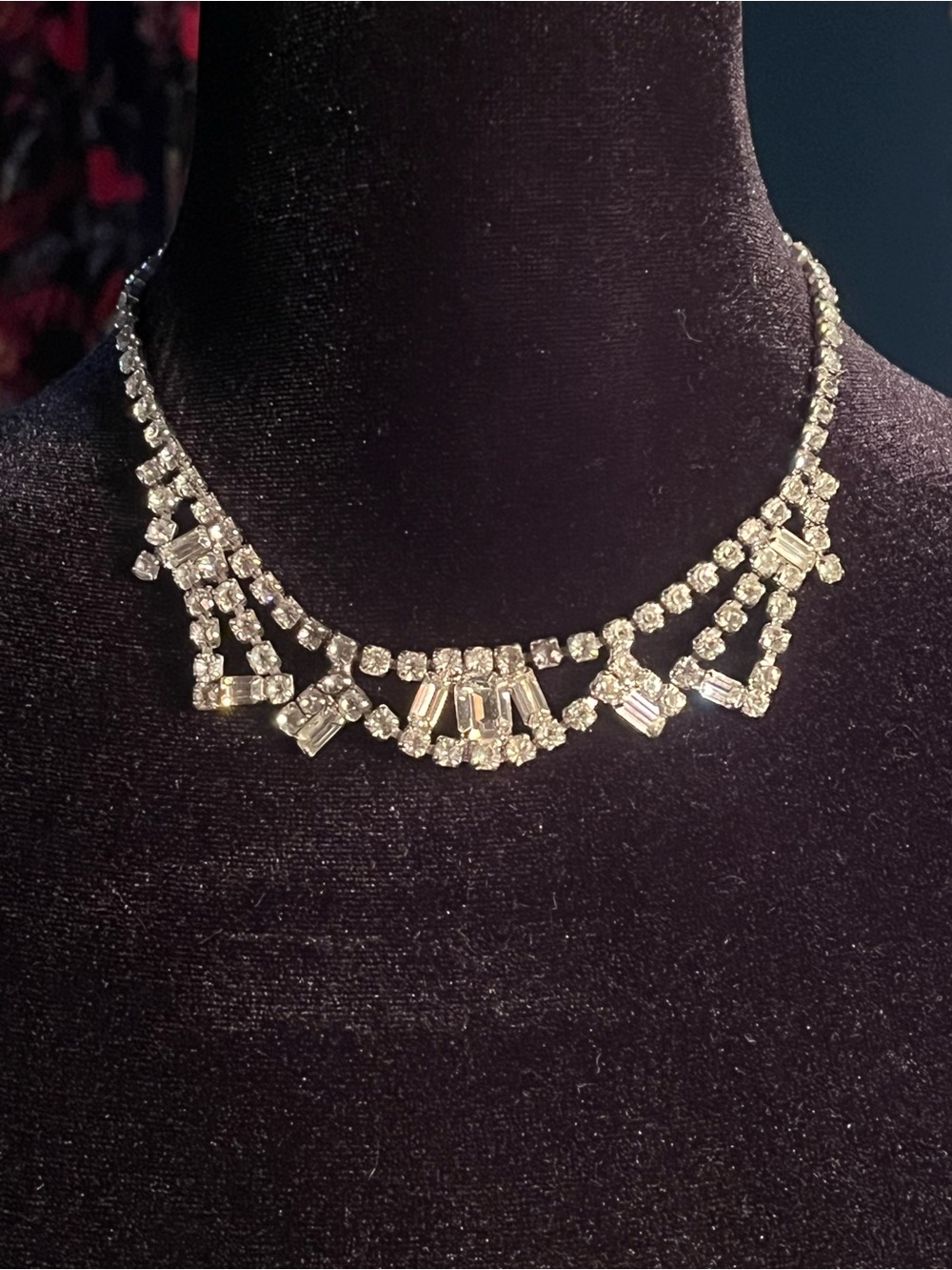 Vintage Crystal Statement Choker Necklace - Silver Tone
